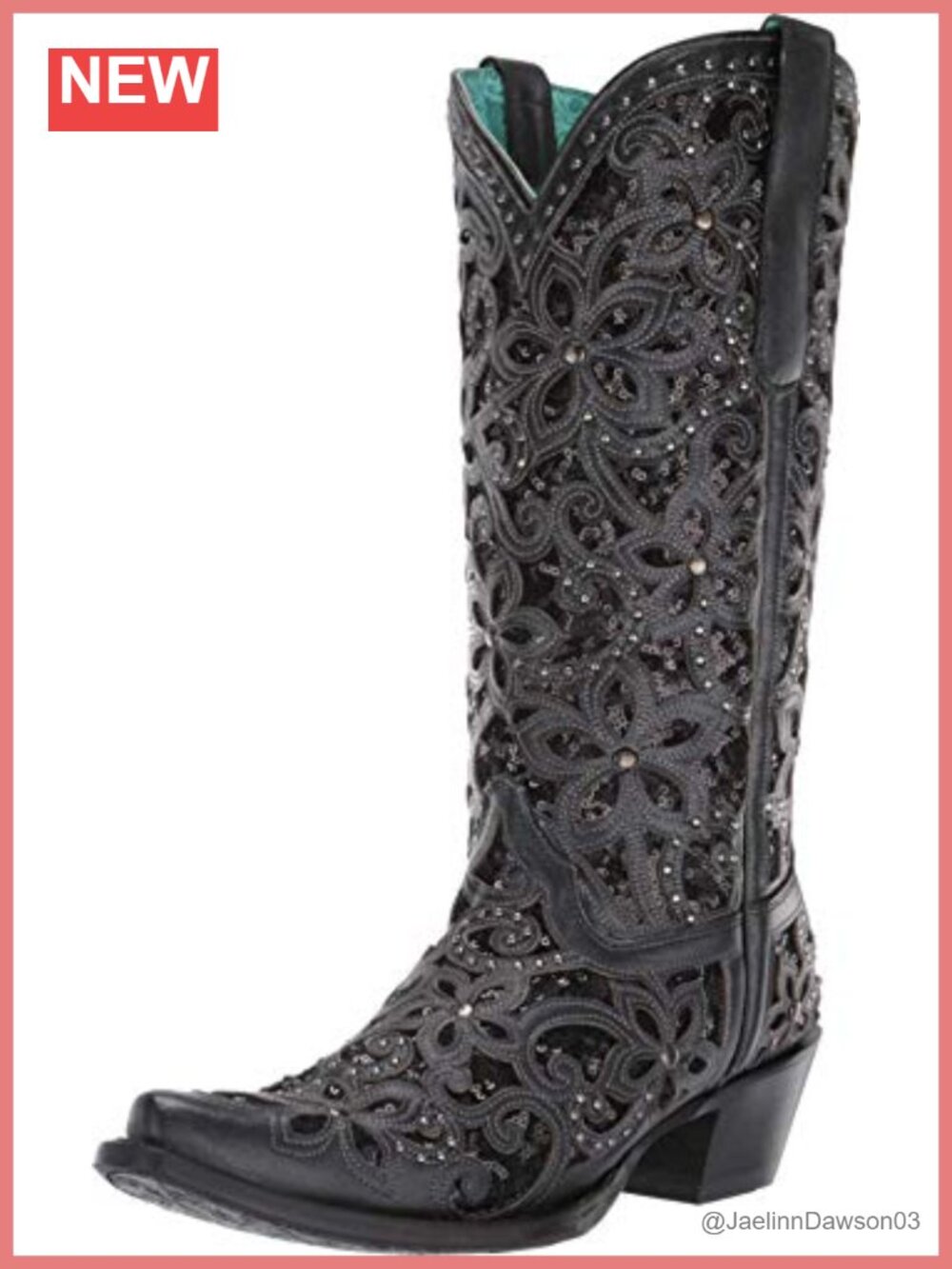 Cowhide Leather Western Boots Snip Toe Studded Inlay Knee High
